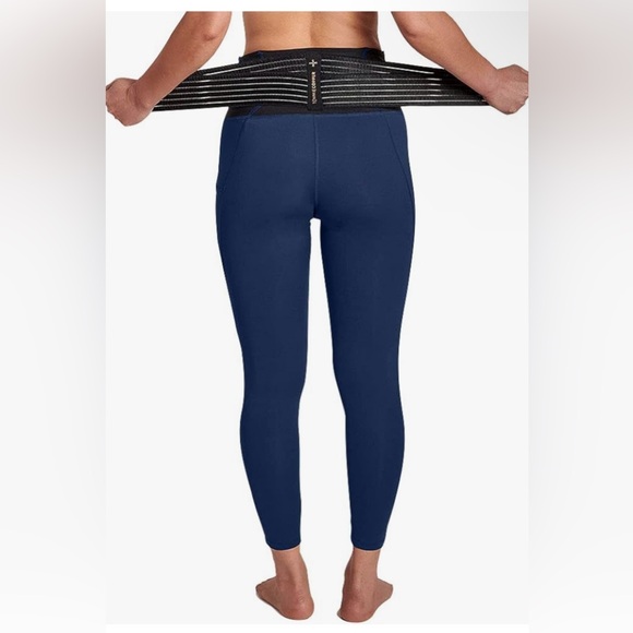 Tommie Copper Adjustable Lower Back Support Leggings 24” Ankle Pockets Navy New - Picture 2 of 6